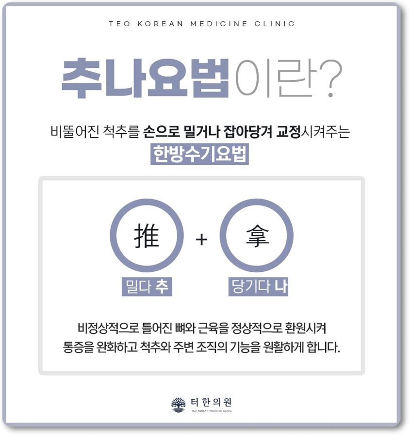 추나요법의 뜻과 작용을 한자와 함께 설명한 안내 이미지