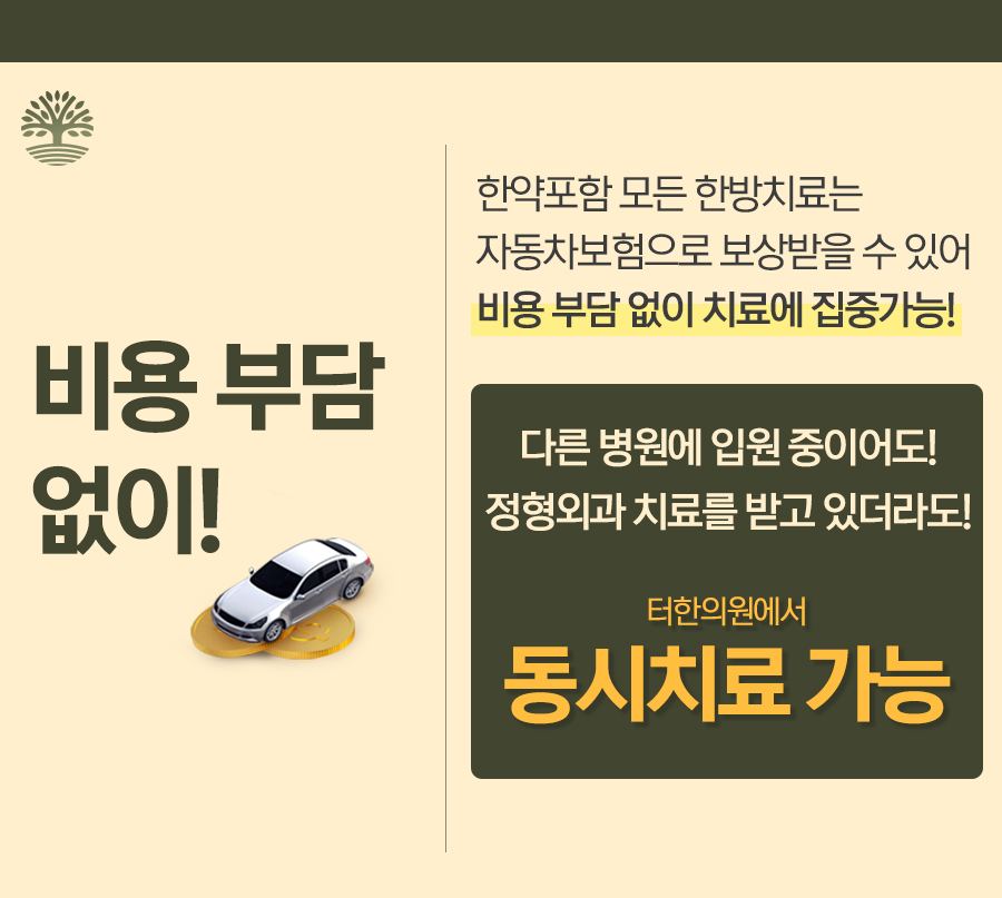 자동차보험으로 한방치료 비용 부담 없이 동시 치료가 가능하다는 안내 이미지
