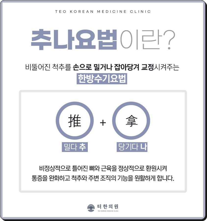 추나요법의 뜻과 작용을 한자와 함께 설명한 안내 이미지
