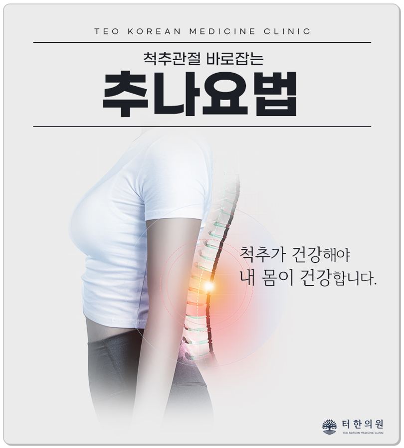 옆모습 상반신과 척추 모형으로 추나요법을 소개한 이미지